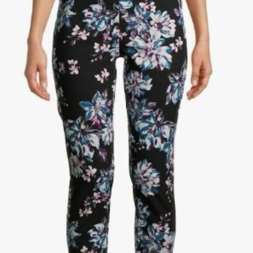Time and Tru Floral Womens 6 Black Multi Stretch Casual Comfort Pull On Pants